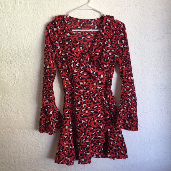 Red Wrap Mini Dress  Red Leopard Print Wrap Dress - Picture 2 of 8